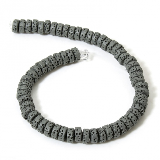 Picture of 1 Strand (Approx 62 PCs/Strand) (Grade A) Lava Rock ( Natural Dyed ) Beads For DIY Charm Jewelry Making Wheel Dark Gray About 7mm Dia., Hole: Approx 1.2mm, 20cm(7 7/8") long