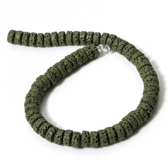 Picture of 1 Strand (Approx 62 PCs/Strand) (Grade A) Lava Rock ( Natural Dyed ) Beads For DIY Charm Jewelry Making Wheel Dark Green About 7mm Dia., Hole: Approx 1.2mm, 20cm(7 7/8") long