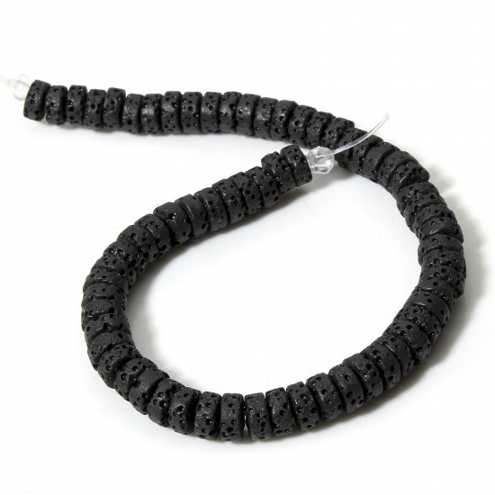 Picture of 1 Strand (Approx 62 PCs/Strand) (Grade A) Lava Rock ( Natural Dyed ) Beads For DIY Charm Jewelry Making Wheel Black About 7mm Dia., Hole: Approx 1.2mm, 20cm(7 7/8") long