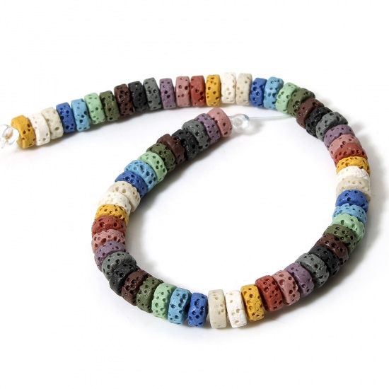 Picture of 1 Strand (Approx 62 PCs/Strand) (Grade A) Lava Rock ( Natural Dyed ) Beads For DIY Charm Jewelry Making Wheel At Random Mixed Color About 7mm Dia., Hole: Approx 1.2mm, 20cm(7 7/8") long