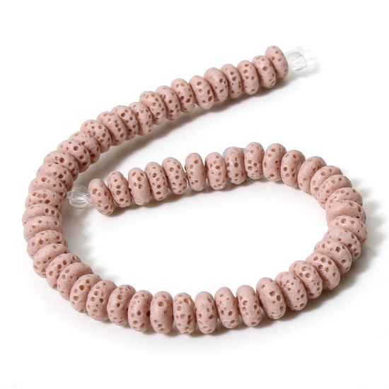 Picture of 1 Strand (Approx 50 PCs/Strand) (Grade A) Lava Rock ( Natural Dyed ) Beads For DIY Charm Jewelry Making Abacus Light Pink About 7mm x 3mm, Hole: Approx 1.2mm, 20cm(7 7/8") long