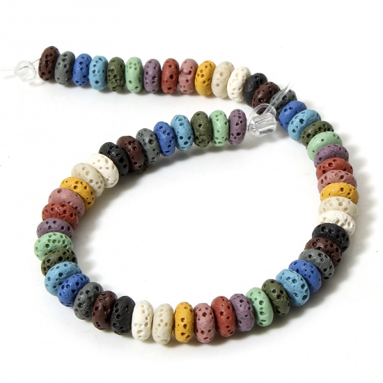 Picture of 1 Strand (Approx 50 PCs/Strand) (Grade A) Lava Rock ( Natural Dyed ) Beads For DIY Charm Jewelry Making Abacus At Random Mixed Color About 7mm x 3mm, Hole: Approx 1.2mm, 20cm(7 7/8") long