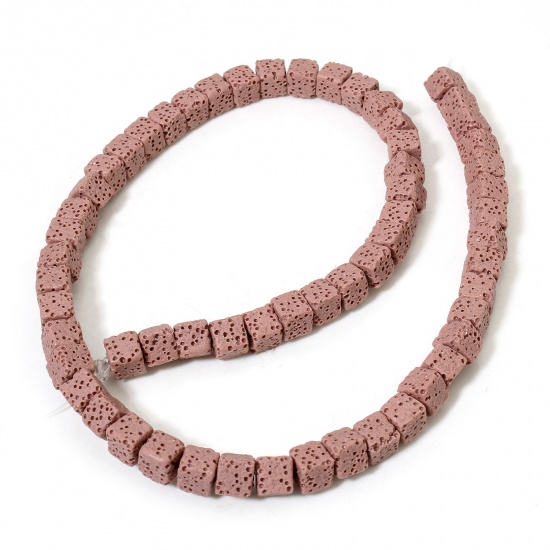 Picture of 1 Strand (Approx 60 PCs/Strand) (Grade A) Lava Rock ( Natural Dyed ) Beads For DIY Charm Jewelry Making Cube Dark Pink About 7mm x 7mm, Hole: Approx 1.6mm, 40cm(15 6/8") long