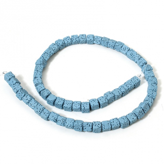 Picture of 1 Strand (Approx 60 PCs/Strand) (Grade A) Lava Rock ( Natural Dyed ) Beads For DIY Charm Jewelry Making Cube Skyblue About 7mm x 7mm, Hole: Approx 1.6mm, 40cm(15 6/8") long