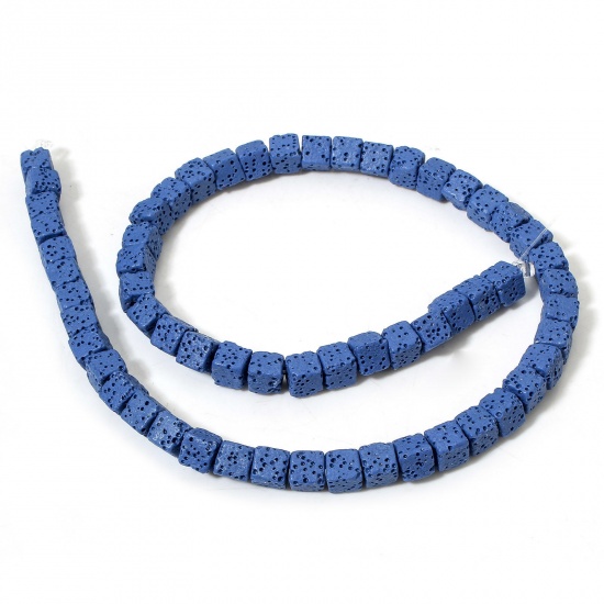 Picture of 1 Strand (Approx 60 PCs/Strand) (Grade A) Lava Rock ( Natural Dyed ) Beads For DIY Charm Jewelry Making Cube Royal Blue About 7mm x 7mm, Hole: Approx 1.6mm, 40cm(15 6/8") long