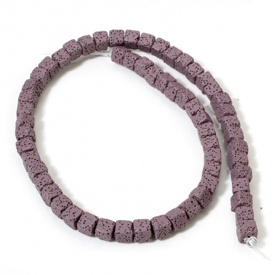Picture of 1 Strand (Approx 60 PCs/Strand) (Grade A) Lava Rock ( Natural Dyed ) Beads For DIY Charm Jewelry Making Cube Purple About 7mm x 7mm, Hole: Approx 1.6mm, 40cm(15 6/8") long