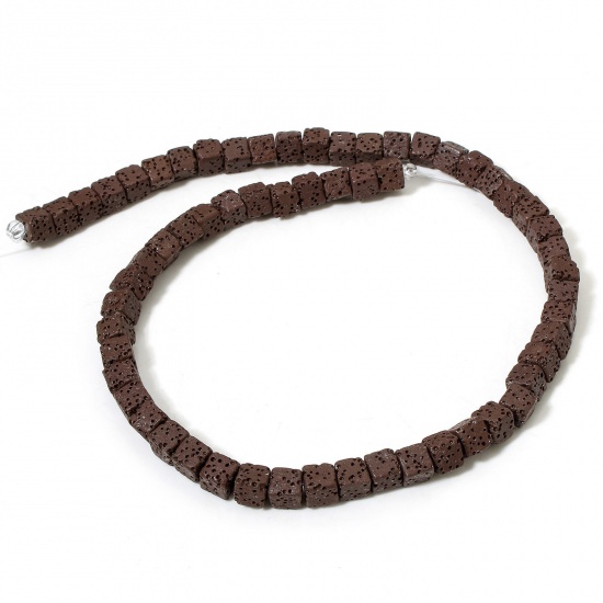 Picture of 1 Strand (Approx 60 PCs/Strand) (Grade A) Lava Rock ( Natural Dyed ) Beads For DIY Charm Jewelry Making Cube Coffee About 7mm x 7mm, Hole: Approx 1.6mm, 40cm(15 6/8") long