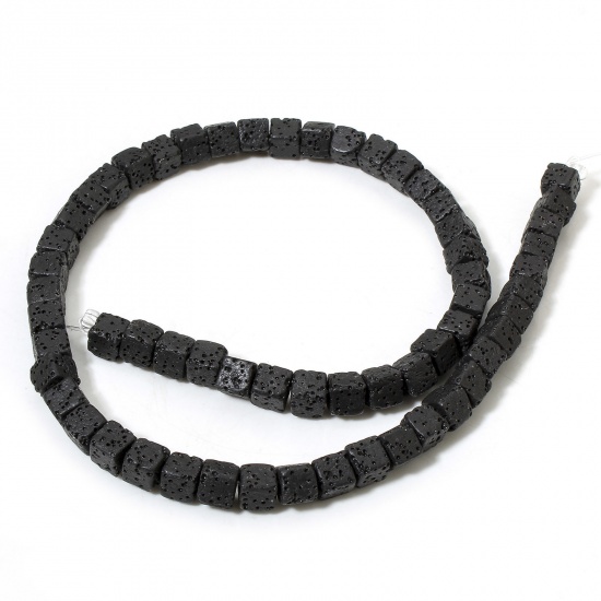 Picture of 1 Strand (Approx 60 PCs/Strand) (Grade A) Lava Rock ( Natural Dyed ) Beads For DIY Charm Jewelry Making Cube Black About 7mm x 7mm, Hole: Approx 1.6mm, 40cm(15 6/8") long