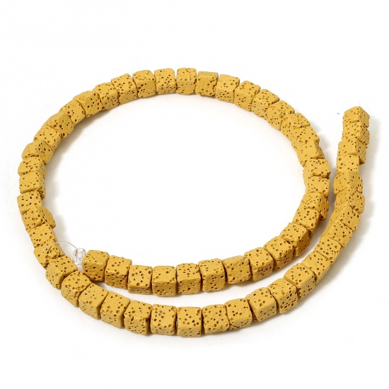 Picture of 1 Strand (Approx 60 PCs/Strand) (Grade A) Lava Rock ( Natural Dyed ) Beads For DIY Charm Jewelry Making Cube Yellow About 7mm x 7mm, Hole: Approx 1.6mm, 40cm(15 6/8") long