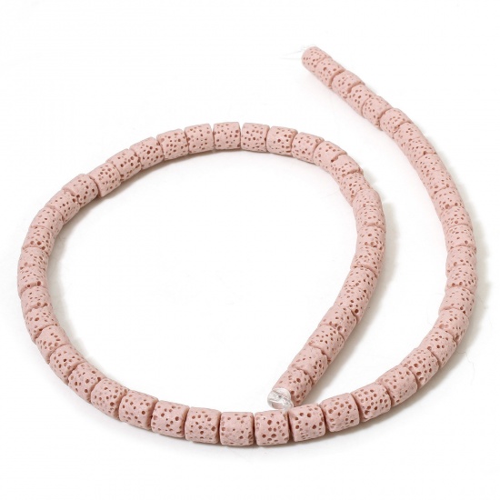 Picture of 1 Strand (Approx 62 PCs/Strand) (Grade A) Lava Rock ( Natural Dyed ) Beads For DIY Charm Jewelry Making Cylinder Light Pink About 6.5mm x 6mm, Hole: Approx 1.4mm, 40cm(15 6/8") long