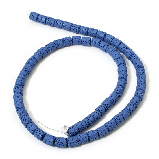 Picture of 1 Strand (Approx 62 PCs/Strand) (Grade A) Lava Rock ( Natural Dyed ) Beads For DIY Charm Jewelry Making Cylinder Royal Blue About 6.5mm x 6mm, Hole: Approx 1.4mm, 40cm(15 6/8") long