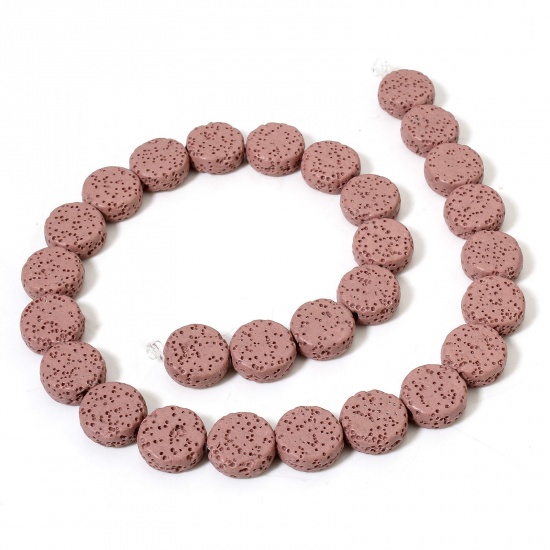 Picture of 1 Strand (Approx 28 PCs/Strand) (Grade A) Lava Rock ( Natural Dyed ) Beads For DIY Charm Jewelry Making Flat Round Dark Pink About 14.5mm Dia., Hole: Approx 1.4mm, 40.5cm(16") long