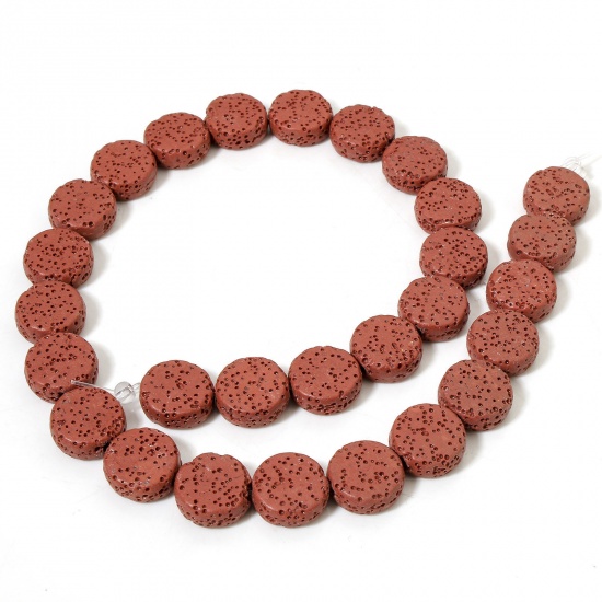 Picture of 1 Strand (Approx 28 PCs/Strand) (Grade A) Lava Rock ( Natural Dyed ) Beads For DIY Charm Jewelry Making Flat Round Red Brown About 14.5mm Dia., Hole: Approx 1.4mm, 40.5cm(16") long