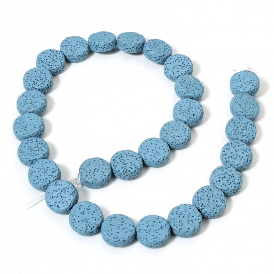 Picture of 1 Strand (Approx 28 PCs/Strand) (Grade A) Lava Rock ( Natural Dyed ) Beads For DIY Charm Jewelry Making Flat Round Skyblue About 14.5mm Dia., Hole: Approx 1.4mm, 40.5cm(16") long