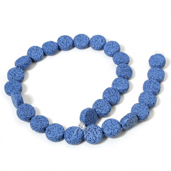 Picture of 1 Strand (Approx 28 PCs/Strand) (Grade A) Lava Rock ( Natural Dyed ) Beads For DIY Charm Jewelry Making Flat Round Royal Blue About 14.5mm Dia., Hole: Approx 1.4mm, 40.5cm(16") long