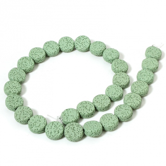 Picture of 1 Strand (Approx 28 PCs/Strand) (Grade A) Lava Rock ( Natural Dyed ) Beads For DIY Charm Jewelry Making Flat Round Green About 14.5mm Dia., Hole: Approx 1.4mm, 40.5cm(16") long