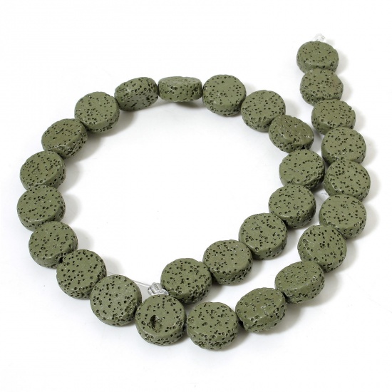 Picture of 1 Strand (Approx 28 PCs/Strand) (Grade A) Lava Rock ( Natural Dyed ) Beads For DIY Charm Jewelry Making Flat Round Dark Green About 14.5mm Dia., Hole: Approx 1.4mm, 40.5cm(16") long