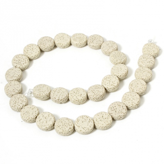 Picture of 1 Strand (Approx 28 PCs/Strand) (Grade A) Lava Rock ( Natural Dyed ) Beads For DIY Charm Jewelry Making Flat Round Creamy-White About 14.5mm Dia., Hole: Approx 1.4mm, 40.5cm(16") long