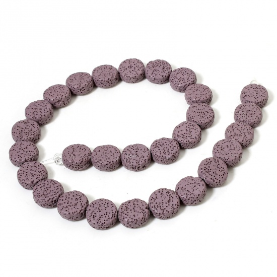 Picture of 1 Strand (Approx 28 PCs/Strand) (Grade A) Lava Rock ( Natural Dyed ) Beads For DIY Charm Jewelry Making Flat Round Purple About 14.5mm Dia., Hole: Approx 1.4mm, 40.5cm(16") long