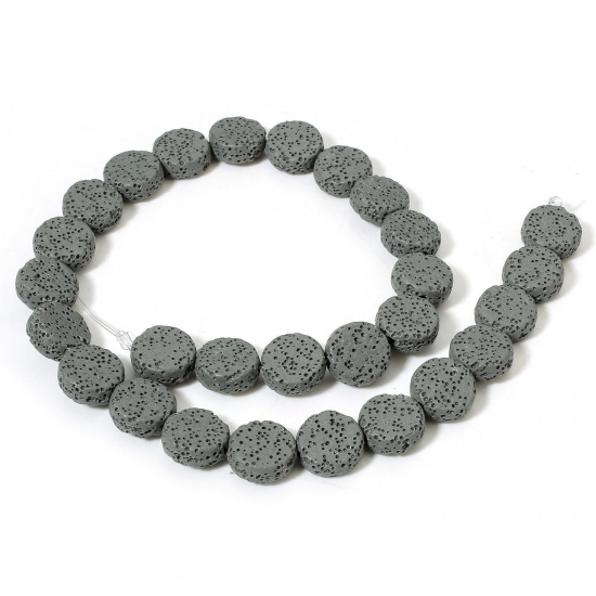 Picture of 1 Strand (Approx 28 PCs/Strand) (Grade A) Lava Rock ( Natural Dyed ) Beads For DIY Charm Jewelry Making Flat Round Dark Gray About 14.5mm Dia., Hole: Approx 1.4mm, 40.5cm(16") long