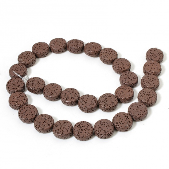 Picture of 1 Strand (Approx 28 PCs/Strand) (Grade A) Lava Rock ( Natural Dyed ) Beads For DIY Charm Jewelry Making Flat Round Coffee About 14.5mm Dia., Hole: Approx 1.4mm, 40.5cm(16") long