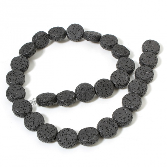 Picture of 1 Strand (Approx 28 PCs/Strand) (Grade A) Lava Rock ( Natural Dyed ) Beads For DIY Charm Jewelry Making Flat Round Black About 14.5mm Dia., Hole: Approx 1.4mm, 40.5cm(16") long