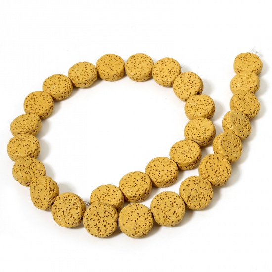 Picture of 1 Strand (Approx 28 PCs/Strand) (Grade A) Lava Rock ( Natural Dyed ) Beads For DIY Charm Jewelry Making Flat Round Yellow About 14.5mm Dia., Hole: Approx 1.4mm, 40.5cm(16") long