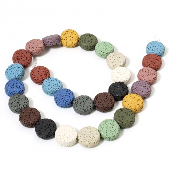 Picture of 1 Strand (Approx 28 PCs/Strand) (Grade A) Lava Rock ( Natural Dyed ) Beads For DIY Charm Jewelry Making Flat Round At Random Mixed Color About 14.5mm Dia., Hole: Approx 1.4mm, 40.5cm(16") long