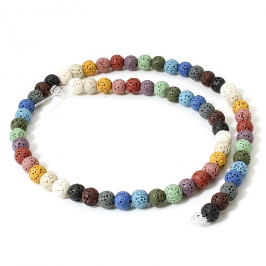 Picture of 1 Strand (Approx 65 PCs/Strand) (Grade A) Lava Rock ( Natural Dyed ) Beads For DIY Jewelry Making Round At Random Mixed Color About 7mm Dia., Hole: Approx 1.2mm, 40cm(15 6/8") long