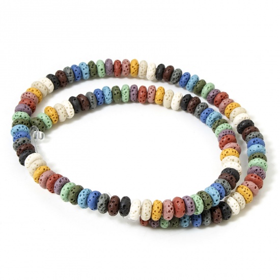 Picture of 1 Strand (Approx 118 PCs/Strand) (Grade A) Lava Rock ( Natural Dyed ) Beads For DIY Charm Jewelry Making Abacus At Random Mixed Color About 7mm x 3mm, Hole: Approx 1.2mm, 40cm(15 6/8") long