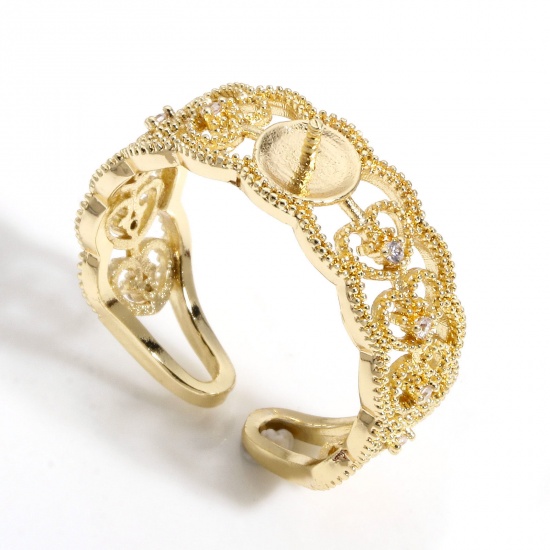 Immagine di 1 Pz Ottone Elegante Aperto Regolabile Anello Semimontato Per L'Incastonatura Fai-Da-Te Delle Perle Pizzo 18K Oro riempito Trasparente Strass 17mm (taglia di US: 6.5)