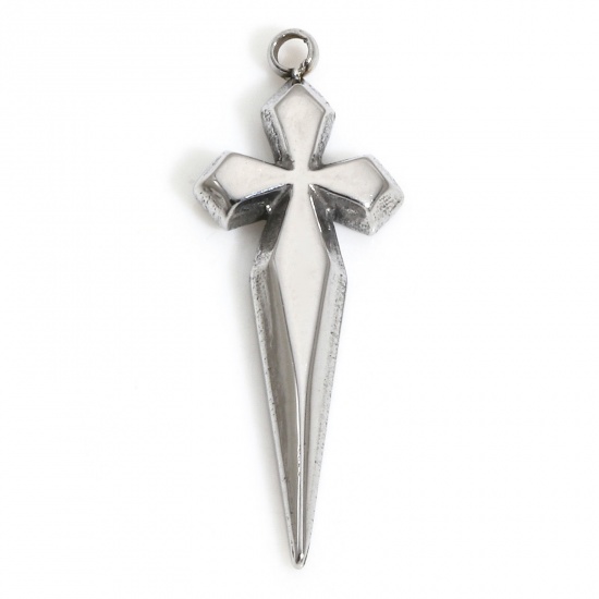 Immagine di 1 Piece Eco-friendly 304 Stainless Steel Religious Charms Silver Tone Cross 21.5mm x 8mm