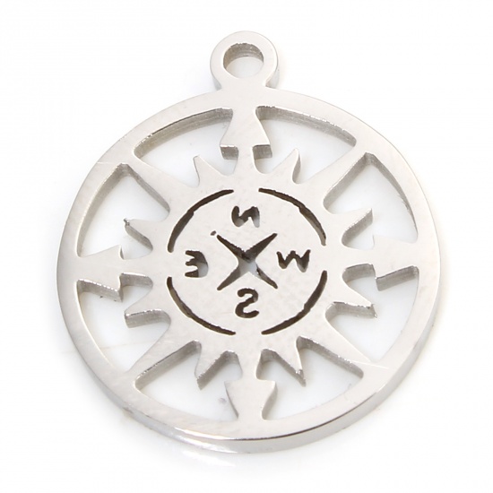 Immagine di 1 Piece Eco-friendly 304 Stainless Steel Simple Charms Silver Tone Round Compass Hollow 17mm x 14.5mm