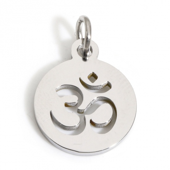 Immagine di 1 Piece Eco-friendly 304 Stainless Steel Religious Charms Silver Tone Round OM/ Aum Symbol Hollow 15mm x 12mm