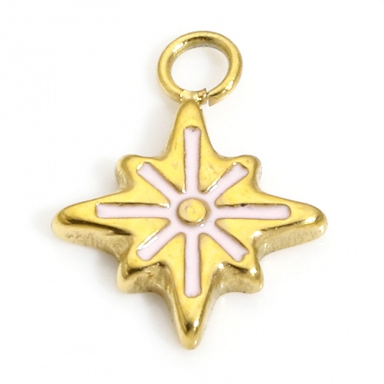 Picture of 1 Piece Eco-friendly Vacuum Plating 304 Stainless Steel Galaxy Charms Gold Plated Pink Star Enamel 11mm x 8.5mm