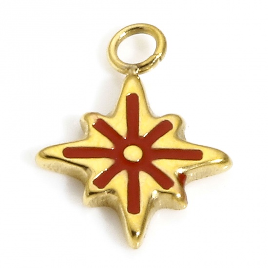 Picture of 1 Piece Eco-friendly Vacuum Plating 304 Stainless Steel Galaxy Charms Gold Plated Red Star Enamel 11mm x 8.5mm