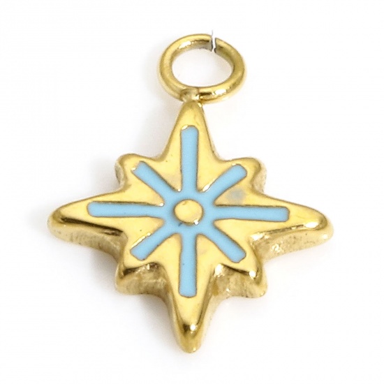Picture of 1 Piece Eco-friendly Vacuum Plating 304 Stainless Steel Galaxy Charms Gold Plated Lake Blue Star Enamel 11mm x 8.5mm
