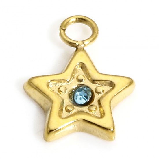 Picture of 1 Piece Eco-friendly Vacuum Plating 304 Stainless Steel Galaxy Charms Gold Plated Pentagram Star Enamel Blue Rhinestone 9.5mm x 7.5mm