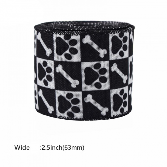Picture of 1 Roll (Approx 5 Yards/Roll) Jute Webbing Strap Ribbon For DIY Sewing Craft Black Dog Animal Paw Print 6.3cm