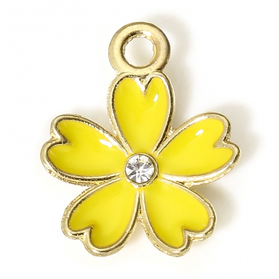 Bild von 10 Stück Zinklegierung Charms Vergoldet Gelb Japanische Kirschblüte Emaille Transparent Strass 17mm x 14mm