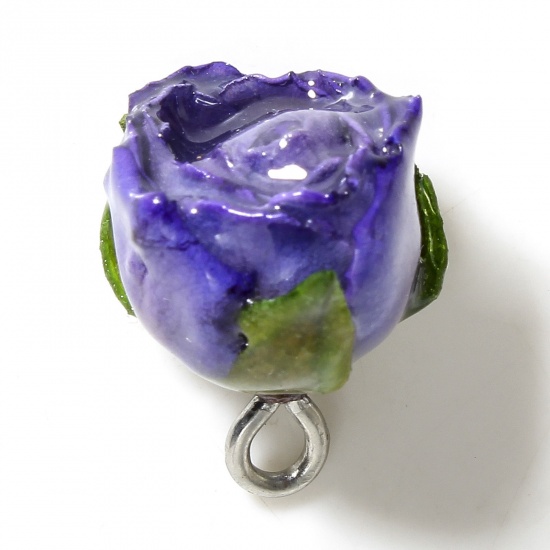 Picture of 1 Piece Resin & Real Dried Flower Handmade Resin Jewelry Real Flower Charms Flower Leaves Silver Color Purple 3D 20mm x 16mm