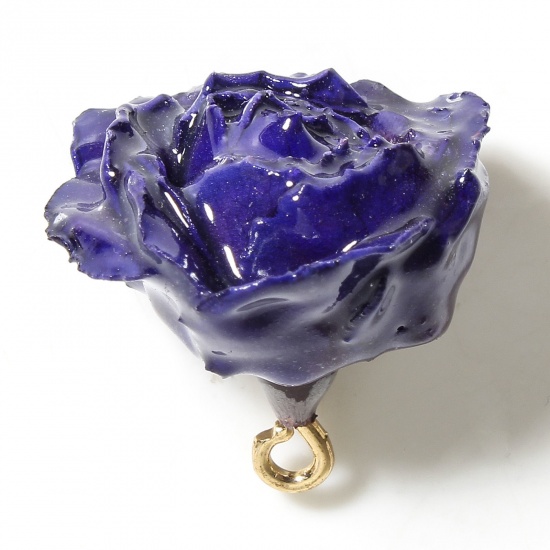 Picture of 1 Piece Handmade Resin Jewelry Real Flower Charms Flower Golden Purple 3D 20mm x 16mm