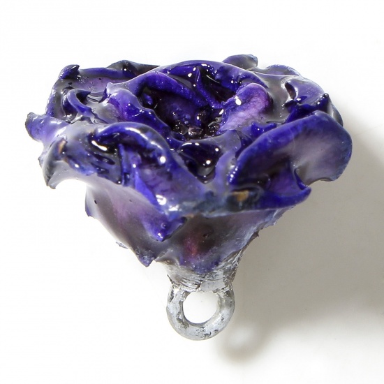 Picture of 1 Piece Handmade Resin Jewelry Real Flower Charms Flower Silver Color Purple 3D 20mm x 16mm