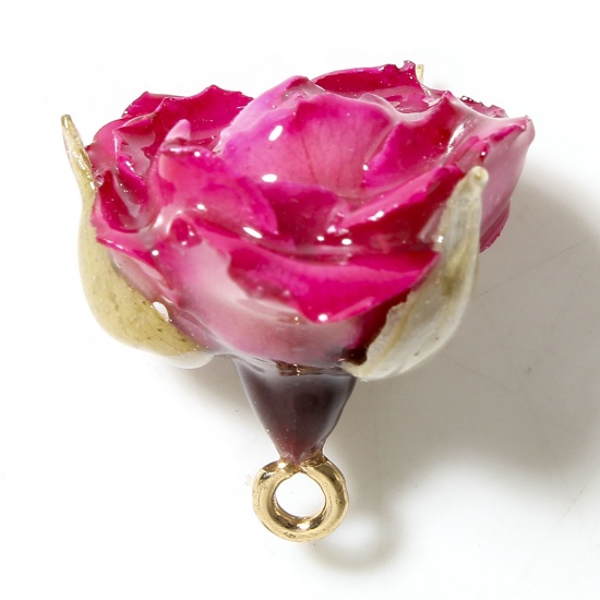 Picture of 1 Piece Resin & Real Dried Flower Handmade Resin Jewelry Real Flower Charms Flower Leaves Golden Fuchsia 3D 20mm x 16mm