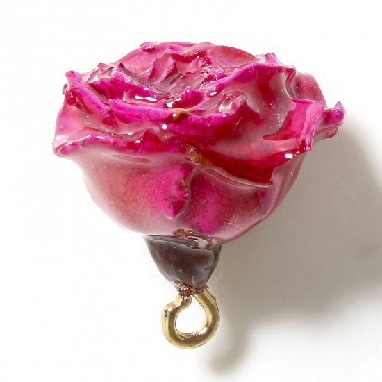 Picture of 1 Piece Resin & Real Dried Flower Handmade Resin Jewelry Real Flower Charms Flower Golden Fuchsia 3D 20mm x 16mm