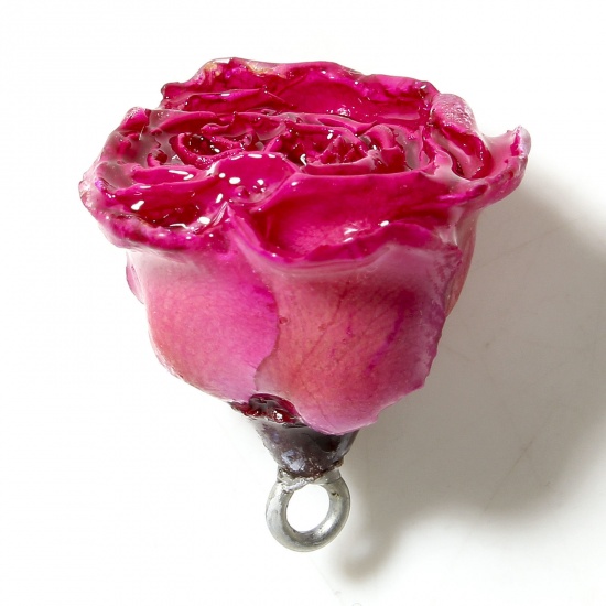 Picture of 1 Piece Resin & Real Dried Flower Handmade Resin Jewelry Real Flower Charms Flower Silver Color Fuchsia 3D 20mm x 16mm