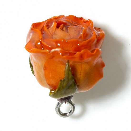 Picture of 1 Piece Resin & Real Dried Flower Handmade Resin Jewelry Real Flower Charms Flower Leaves Silver Color Orange 3D 20mm x 16mm