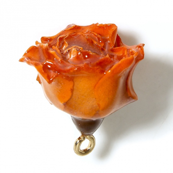 Picture of 1 Piece Resin & Real Dried Flower Handmade Resin Jewelry Real Flower Charms Flower Golden Orange 3D 20mm x 16mm