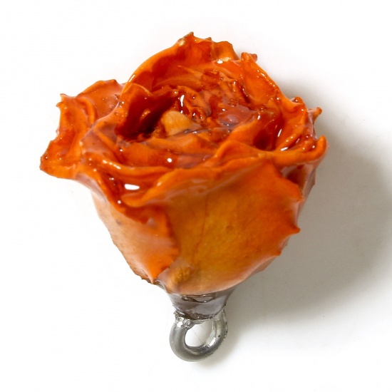 Picture of 1 Piece Resin & Real Dried Flower Handmade Resin Jewelry Real Flower Charms Flower Silver Color Orange 3D 20mm x 16mm