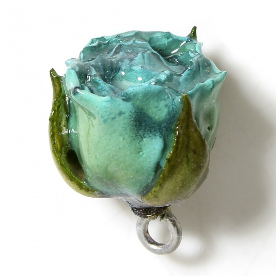 Picture of 1 Piece Resin & Real Dried Flower Handmade Resin Jewelry Real Flower Charms Flower Leaves Silver Color Green Blue 3D 20mm x 16mm